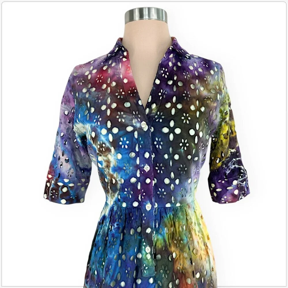 Outback Red Tie Dye Rainbow Colorful Multi Color Eyelet Lace Fit & Flare Dress 6 - Picture 3 of 5